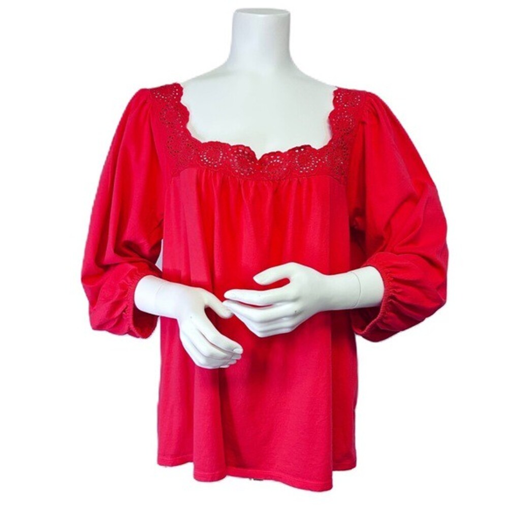 LOFT Eyelet Top Size L Square Neck Balloon Sleeve Cotton Coral Coquette Boho